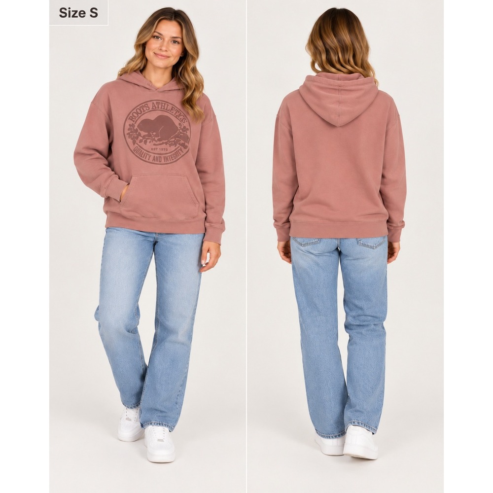 Roots Athletics Beaver Logo Hoodie Pink Organic Cotton Pullover Small